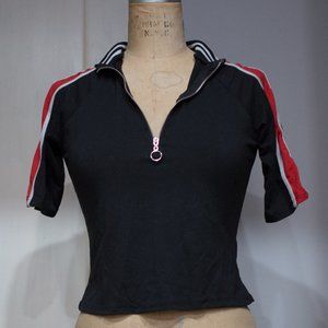 Sporty Racing Stripe Zip up Quarter Sleeve Henley Crop
